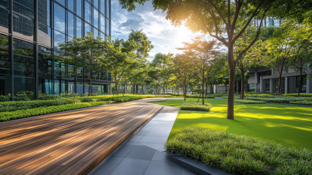 A spacious platform in a modern office area, surrounded by green lawns, trees, and sustainable design elements. Perfect for business visuals with an environmental focus.の素材