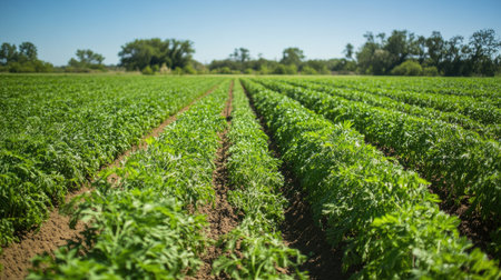 A vast carrot field with green tops under a clear blue sky, captured in a wide shot that emphasizes the scale and beauty of the farm.の素材