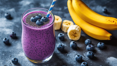 A vibrant smoothie of blueberries, banana, chia seeds, and yogurt in a glass, set against a textured gray concrete background.の素材