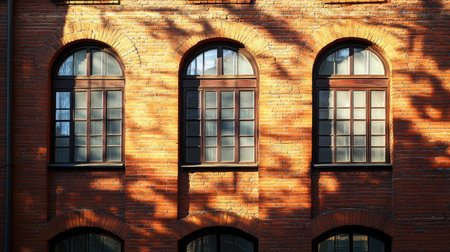 A vintage red brick facade with arched windows, casting shadows on the street below, ideal for an urban cityscape background.の素材