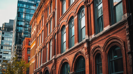 An angled shot of a red brick building with large windows, showing the contrast between old architecture and modern urban surroundings.の素材
