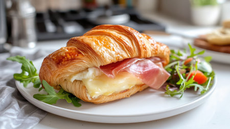 A warm croissant sandwich with prosciutto, camembert, and arugula, served on a white plate with a small salad on the side in a bright, airy kitchen.の素材