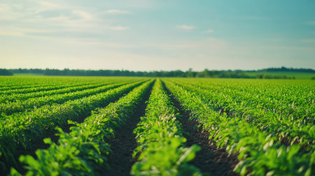 A wide shot of a flourishing carrot field under a vivid blue sky, with rows of green foliage stretching into the horizon. Ideal for nature and farming themes.の素材
