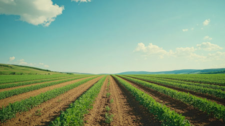 A wide shot of a carrot field under a bright blue sky, with rows of green plants stretching into the horizon. Perfect for agricultural and rural landscape visuals.の素材