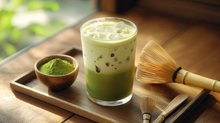 An iced matcha latte in a glass cup with condensation, placed on a wooden tray alongside a small bowl of matcha powder and a traditional tea whisk.の素材
