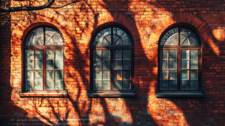 A vintage red brick facade with arched windows, casting shadows on the street below, ideal for an urban cityscape background.の素材