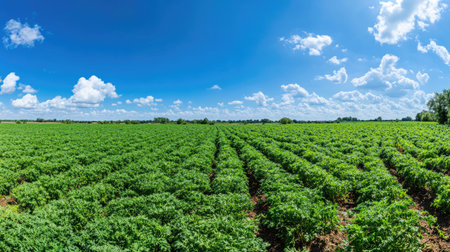 A wide-angle shot of a lush carrot field under a bright blue sky, showcasing the vibrant green foliage and expansive farmland. Perfect for nature and farming themes.の素材