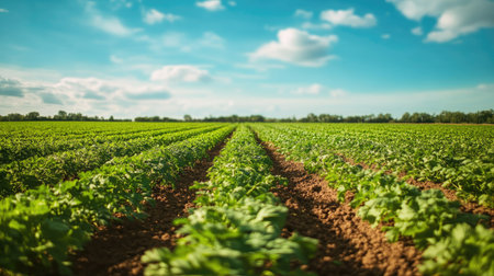 A wide shot of a flourishing carrot field under a clear blue sky, with rows of green foliage extending into the distance. Perfect for showcasing the abundance of the harvest.の素材
