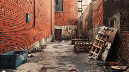 An empty alley with a red brick wall on one side, the ground littered with old pallets and trash, creating a rough, industrial background.の素材