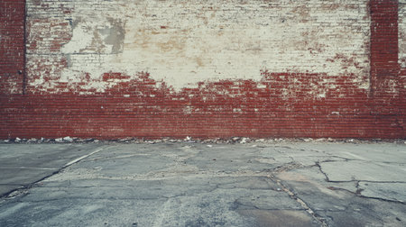 An empty grunge urban street with a weathered brick warehouse wall, cracked pavement, and scattered debris, creating a gritty industrial background.の素材