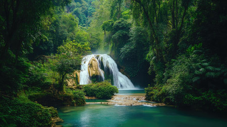 Green Paradise: Kuang Si Waterfall, surrounded by rich green vegetation in Luang Prabang, Laos. A serene and picturesque natural scene.の素材