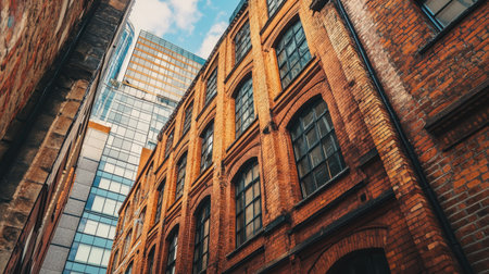 An angled shot of a red brick building with large windows, showing the contrast between old architecture and modern urban surroundings.の素材