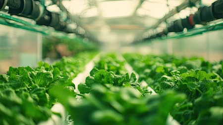 An organic hydroponic farm with rows of leafy greens growing in water-based systems, demonstrating the future of sustainable agriculture. Ideal for eco-friendly visuals.の素材