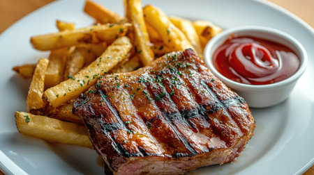Grilled ham hock paired with crispy fries and a dollop of ketchup, arranged beautifully on a white plate, ready to be enjoyed.の素材