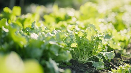 An organic vegetable garden, growing produce without harmful chemicals or pesticides. Selective focus on the healthy greens, with soft focus adding a calming effect.の素材