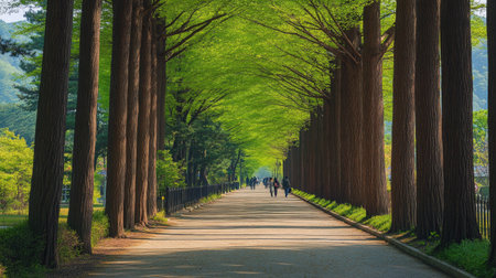 Green Pathway: Damyangaes famous metasequoia tree-lined road, Korea, with trees stretching endlessly on both sides, offering a serene and scenic walk.の素材