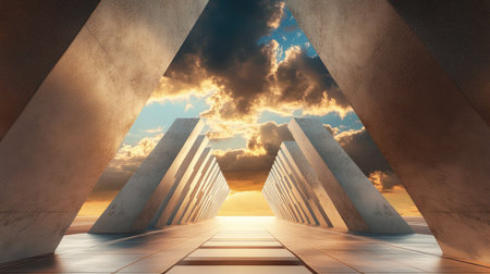 3D-rendered corridor with futuristic geometric patterns, opening up to a dramatic sky with bold cloud formations and radiant sunlight.の素材