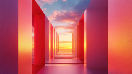 3D corridor with bold geometric shapes, leading to an expansive sky with vibrant sunset hues and soft clouds, blending modern design with natural beauty.の素材