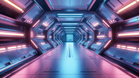 3D-rendered sci-fi corridor with glowing light strips along the walls and floor, creating a sleek, futuristic atmosphere. Perfect for product showcases or interior design displays.の素材