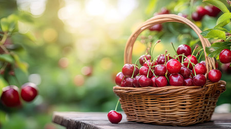 A basket full of ripe red cherries on a wooden table, with a soft-focus garden in the background.の素材