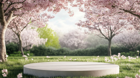 3D-rendered podium in a peaceful park, surrounded by sakura cherry blossoms and soft green grass. Ideal for beauty product advertising with a natural, springtime vibe. -の素材