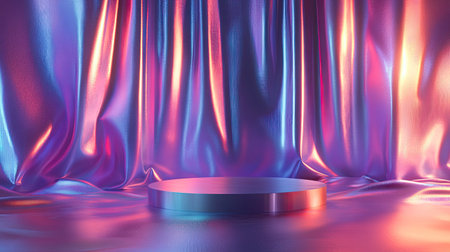 3D-rendered podium with a backdrop of holographic fabric, shimmering in iridescent tones, creating a futuristic look.の素材