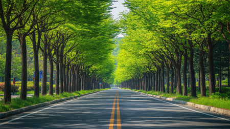Green Corridor: The picturesque metasequoia-lined road in Damyang, Korea, with trees creating a lush green corridor.の素材