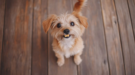 Top view of a small dog standing on two legs, reaching up for a treat, with its tail wagging excitedly on a wooden floor.の素材