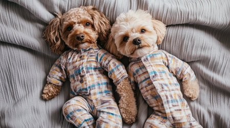 Top view of dogs wearing matching pajamas, cuddled together on a soft bed, showcasing cozy companionship.の素材