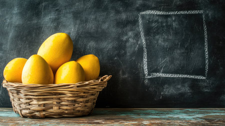 Fresh yellow mangoes with beautiful smooth skin sitting in a rustic basket, positioned against a blackboard with simple chalk marks.の素材