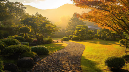 Morning Serenity: Early morning at Atami Plum Garden, Shizuoka Prefecture. The autumn leaves create a peaceful and colorful atmosphere in Atami City.の素材