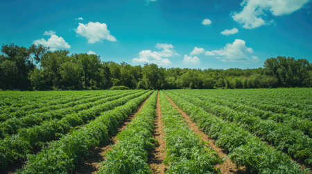 A carrot field in full bloom under a clear blue sky, with rows of lush green foliage. The wide shot captures the expanse of the farm and the beauty of nature.の素材