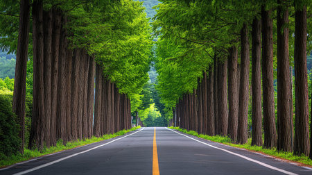 Green Escape: The lush and serene metasequoia tree-lined road in Damyang, Korea, offering a tranquil escape amidst towering trees.の素材