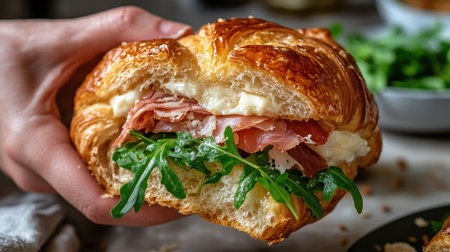 A hands-on shot of someone taking a bite from a croissant sandwich filled with camembert, prosciutto, and arugula, with crumbs falling.の素材