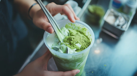 A hands-on shot of someone stirring an iced matcha latte, with the green matcha blending into the milk, emphasizing the drink's rich color and texture.の素材