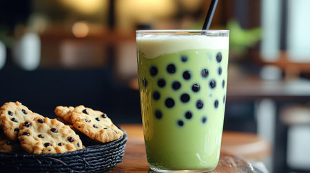 A glass of matcha bubble tea with creamy milk and green tapioca pearls, accompanied by cookies on a wooden table, creating a delightful snack scene.の素材