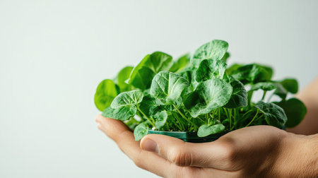 A close-up shot of a farmer's hand holding vibrant hydroponic greens, with a bright white background and soft morning light, offering ample copy space for content.の素材