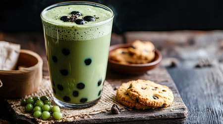 A matcha latte milk tea with green boba pearls and a side of cookies, placed on a rustic wooden table. Perfect for capturing the essence of a cozy tea moment.の素材