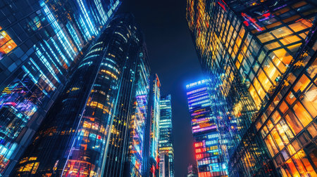A high-tech city at night, with sleek skyscrapers adorned with digital displays and vibrant LED lighting. Ideal for showcasing modern technology.の素材
