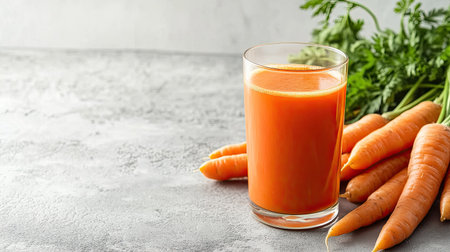 A glass of fresh carrot juice and raw carrots on a grey textured table, against a bright white background. Perfect for showcasing healthy eating habits.の素材