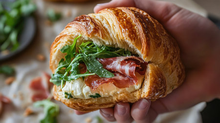 A hands-on shot of someone taking a bite from a croissant sandwich filled with camembert, prosciutto, and arugula, with crumbs falling.の素材