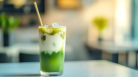 A refreshing iced matcha latte in a tall glass, with vibrant green layers swirling through creamy milk, served with a bamboo straw on a minimalist white table.の素材