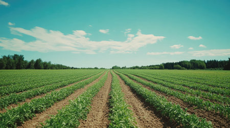 A wide shot of a flourishing carrot field under a clear blue sky, with rows of green foliage extending into the distance. Perfect for showcasing the abundance of the harvest.の素材