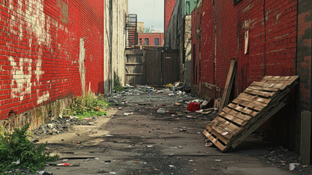 An empty alley with a red brick wall on one side, the ground littered with old pallets and trash, creating a rough, industrial background.の素材