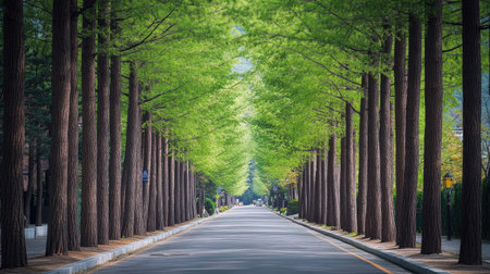 Green Passage: Damyangaes metasequoia-lined road in Korea, showcasing the tall, majestic trees creating a picturesque passage.の素材