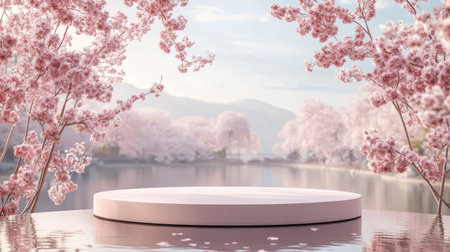 A 3D-rendered natural beauty podium set in a serene spring landscape with sakura cherry blossoms in full bloom, creating a peaceful and elegant backdrop. Perfect for product display.の素材