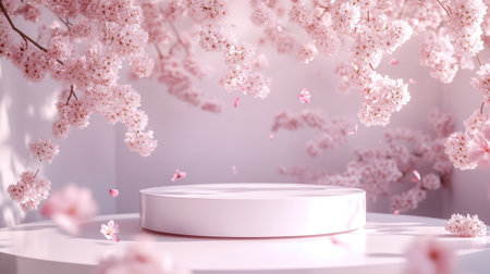 3D-rendered podium beneath a canopy of sakura cherry blossoms, with soft pink petals falling around. Ideal for creating a peaceful, natural beauty product display.の素材