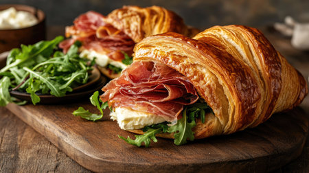A warm croissant sandwich on a cutting board, sliced in half to reveal layers of prosciutto, camembert, and arugula, with a side of mixed greens.の素材