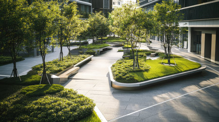 A stylish commercial area with a central platform, surrounded by green lawns, trees, and environmentally-friendly office spaces. Ideal for modern business themes.の素材