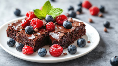 Chocolate brownies with a glossy glaze, topped with vibrant fresh berries and mint leaves, served on a white plate, set against a gray concrete background.の素材